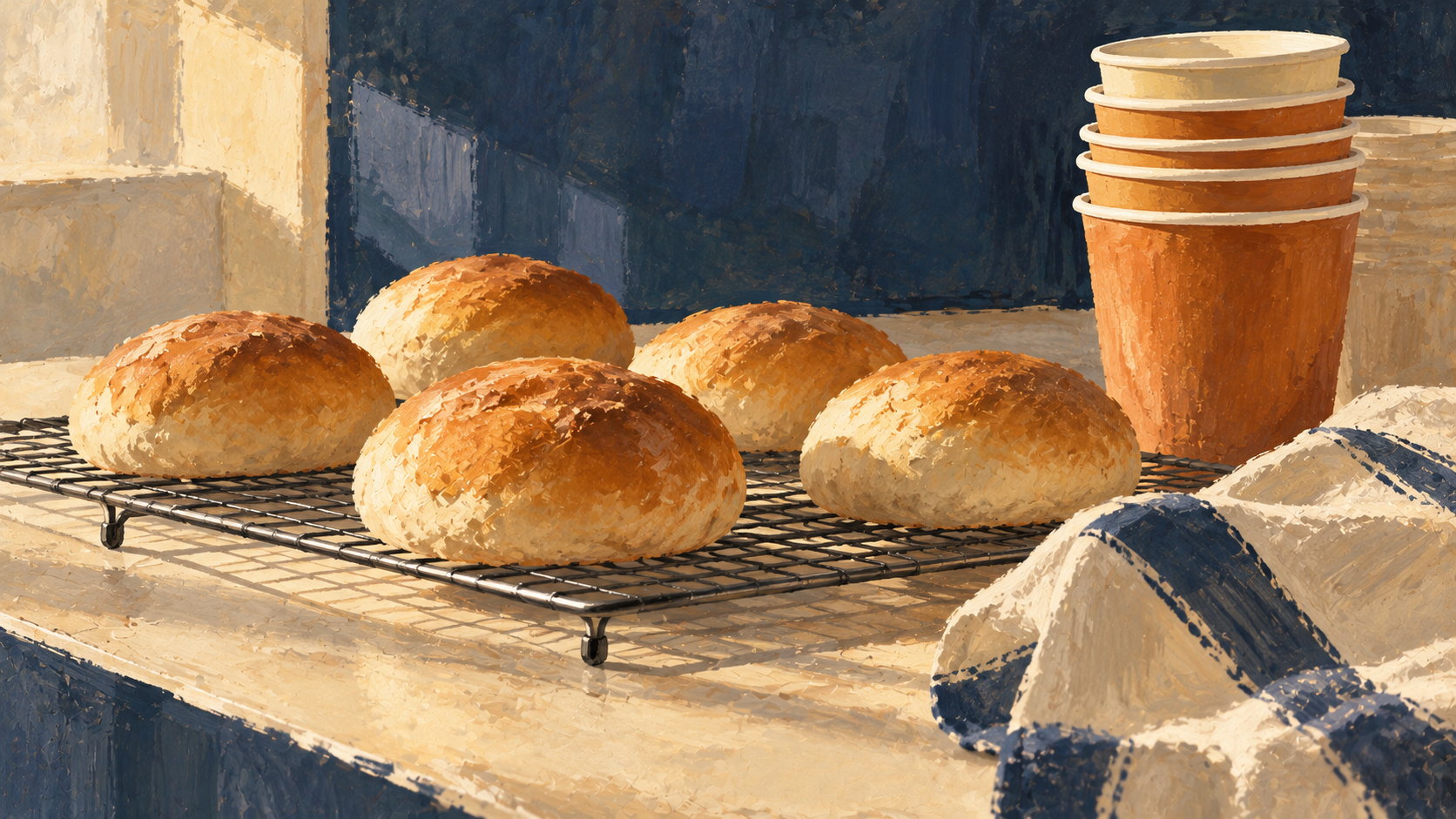 Gouache still life of five domed buns cooling on a black wire rack, a stack of four nested paper cups standing beside them and a folded striped cloth to one side, against a deep indigo tiled wall.