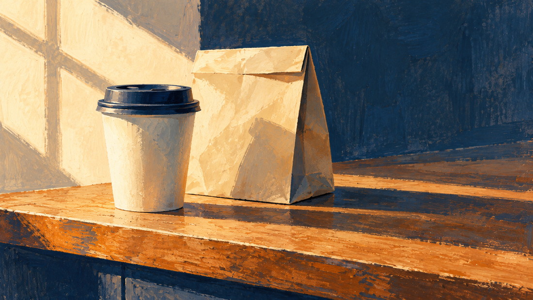 Gouache painting of a lidded cup and a folded paper bag standing on a scrubbed wooden counter edge, throwing one long shadow across the boards.