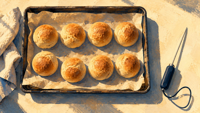 Gouache overhead of eight plain buns on greaseproof paper in a blackened baking tray, a probe thermometer laid on the bench beside it.